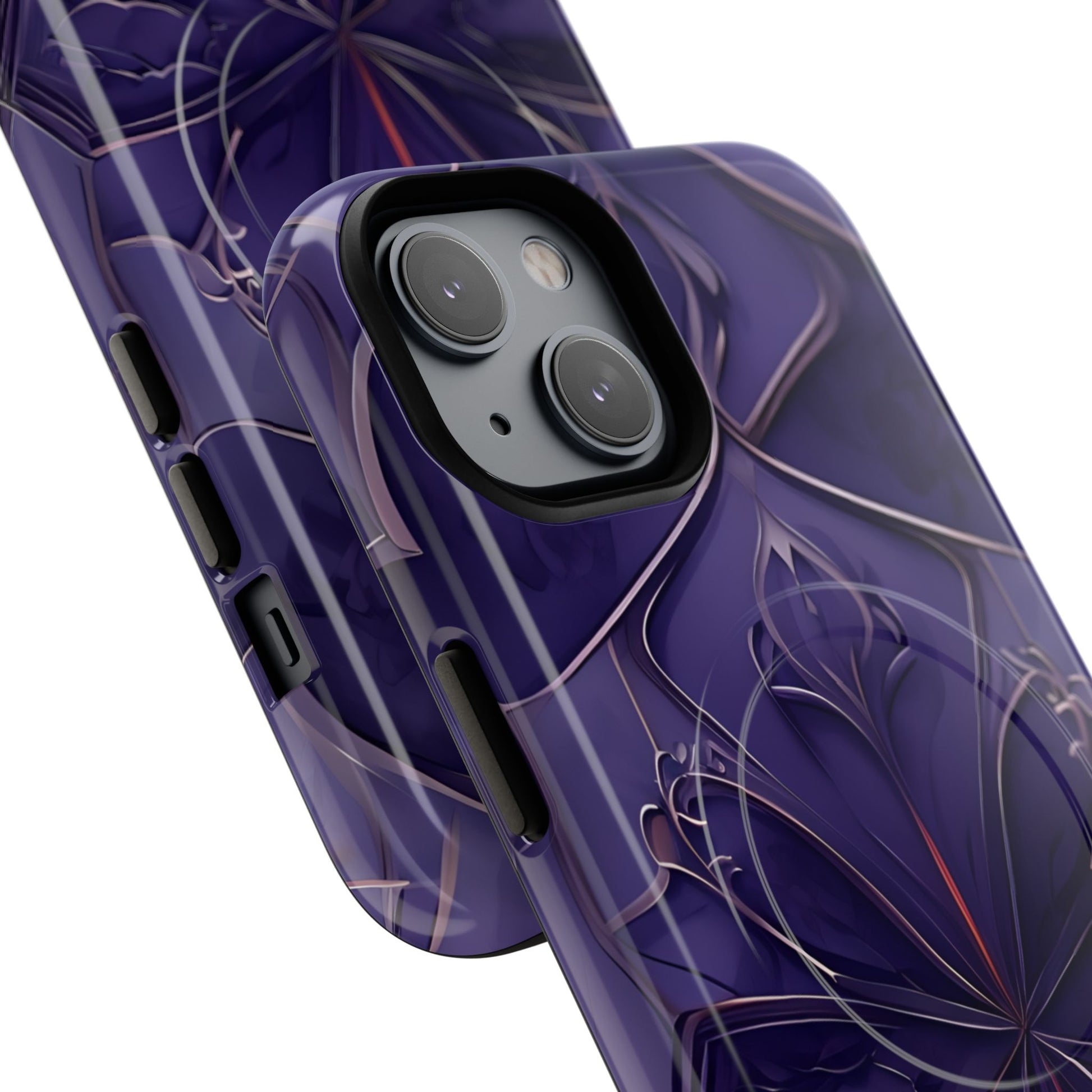 Angled view of Violet Nebula purple cosmic floral iPhone MagSafe protective case