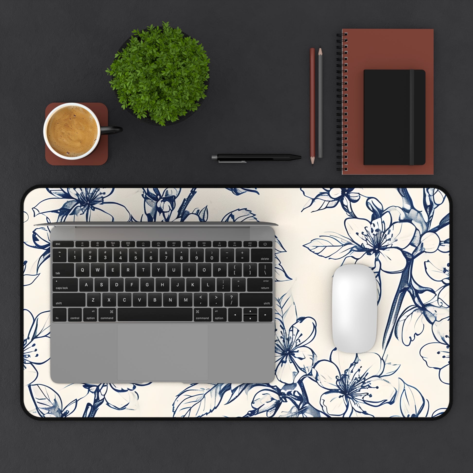 Blossom Sketch desk mat in workspace with keyboard showing elegant botanical sketch design