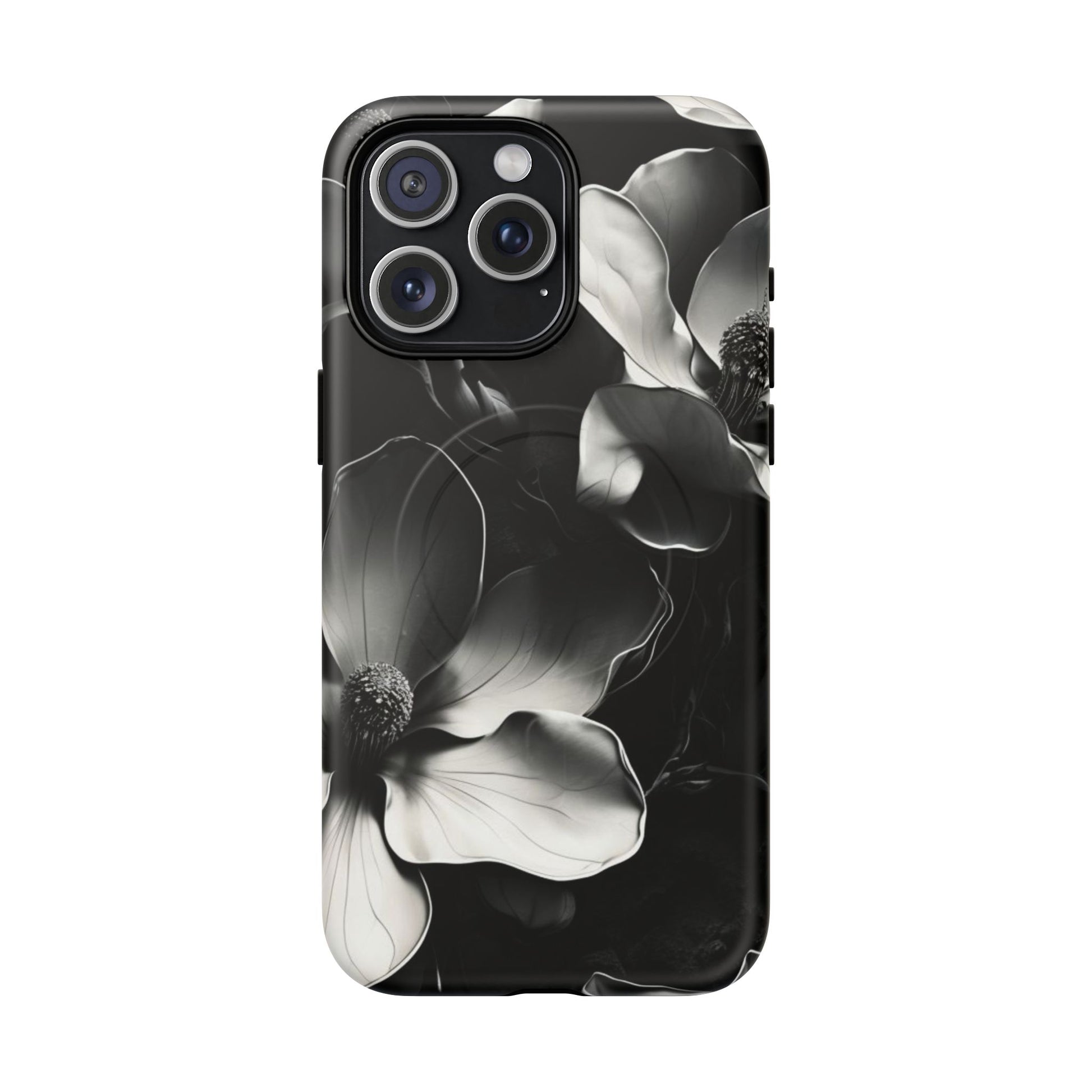 Monochrome Magnolia - Elegant Black & White Floral iPhone 15 Pro Max MagSafe Phone Case - Artistic Magnolia Design