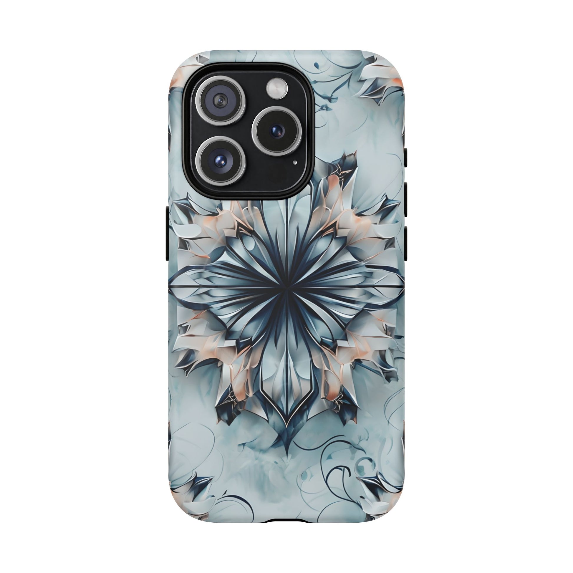Indigo Mirage - Artistic Kaleidoscope Collection Artistic Floral - iPhone 15 Pro MagSafe Phone Case -Bold Indigo Symmetrical Design
