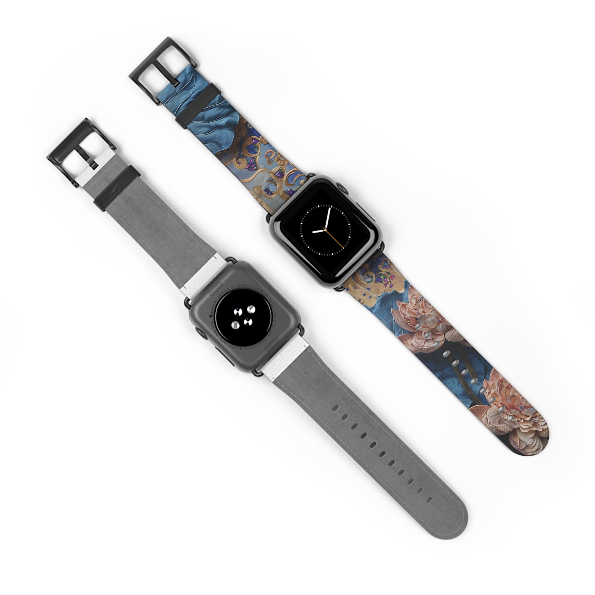 Two Peony Midnight Tapestry Apple Watch bands showing front and back with black clasp