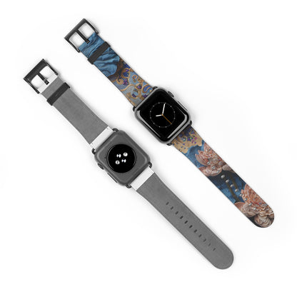 Two Peony Midnight Tapestry Apple Watch bands showing front and back with black clasp