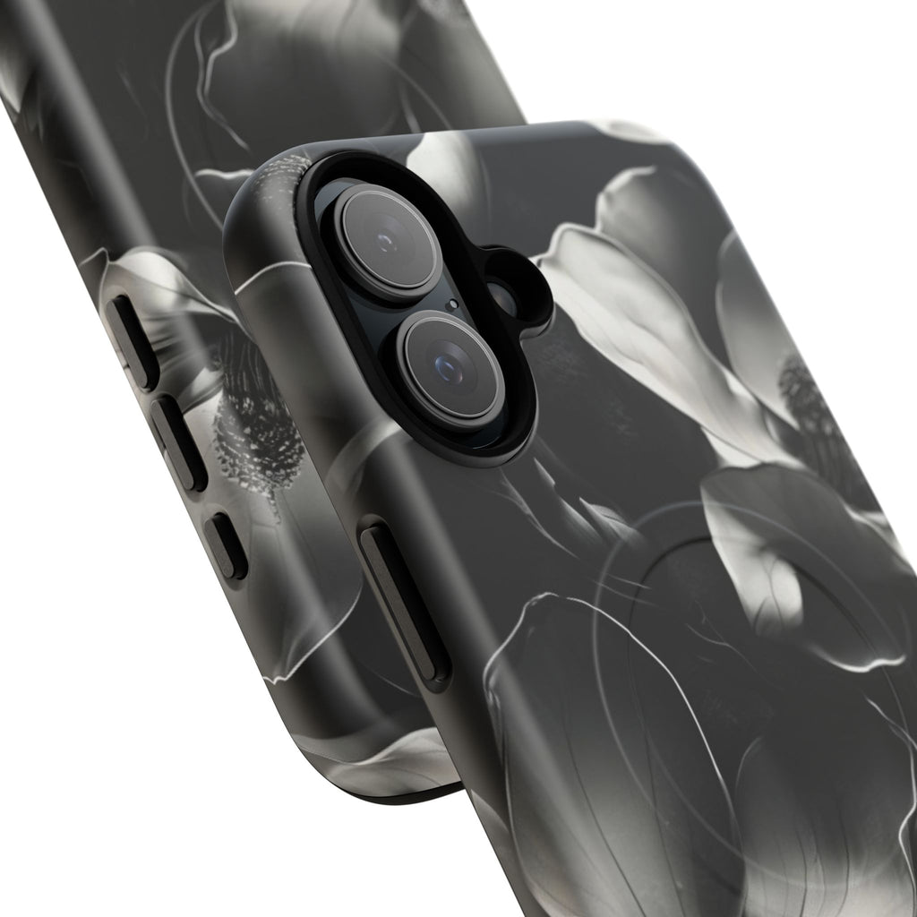 Monochrome Magnolia - Elegant Black & White Floral iPhone 16 Plus MagSafe Phone Case - Artistic Magnolia Design