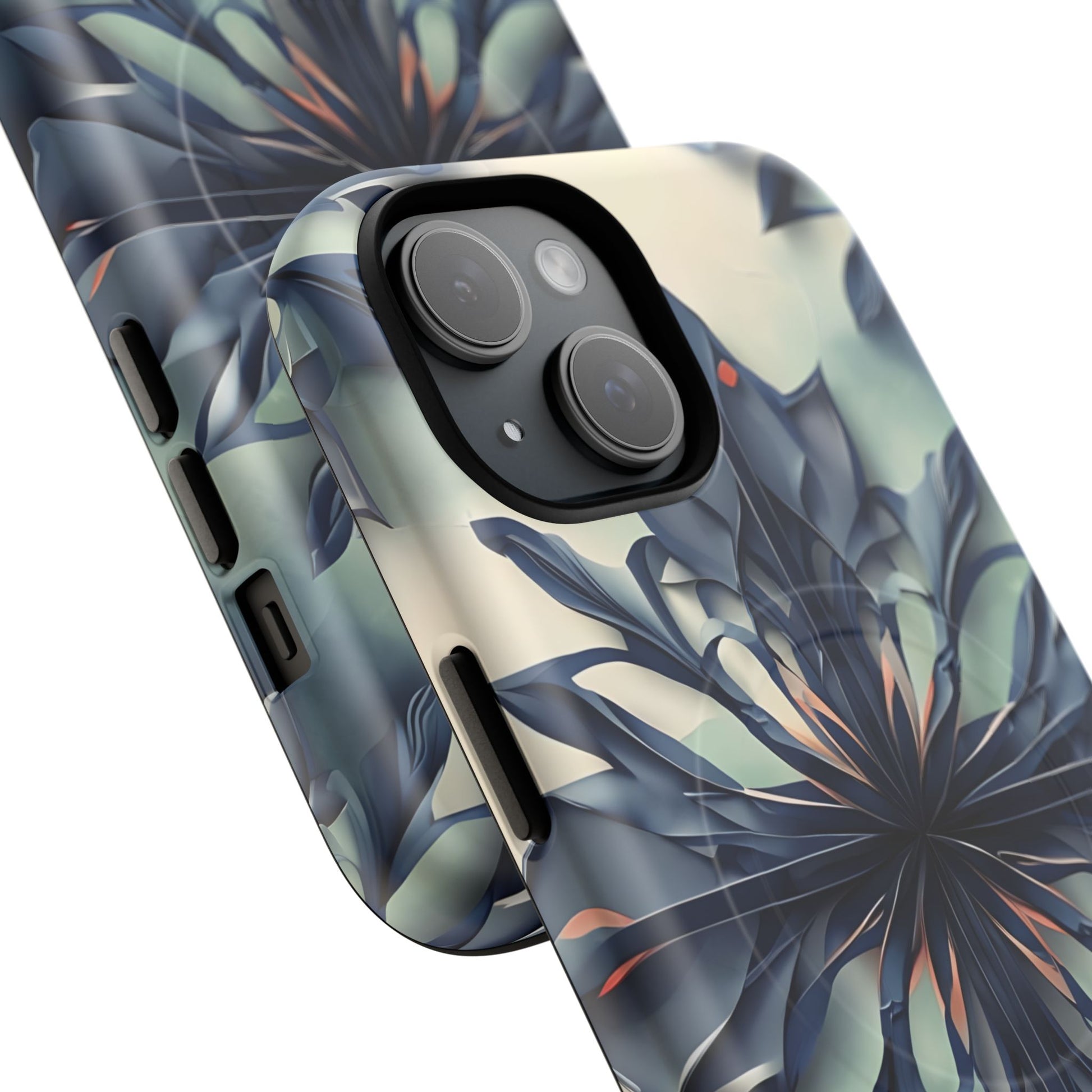 Frosted Indigo Bloom - Artistic Kaleidoscope Collection Artistic Floral - iPhone 15 MagSafe Phone Case -Blue Symmetrical Design