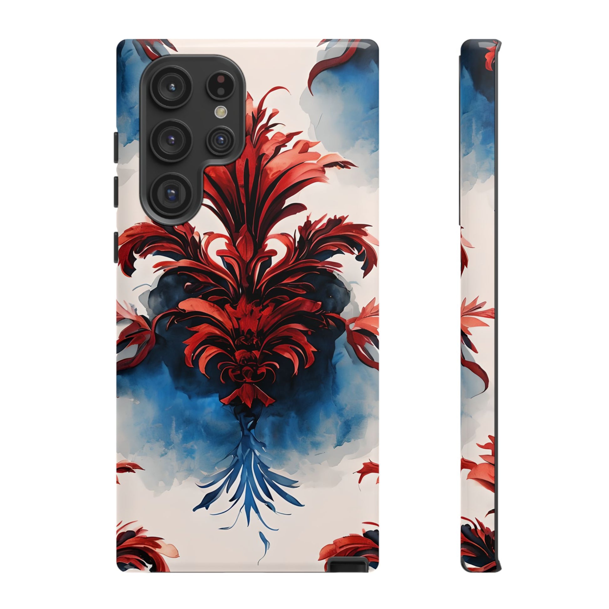 Crimson Plume - Bold Artistic Feather Samsung Galaxy S22 Ultra Tough Phone Case - Dramatic Red & Blue Design