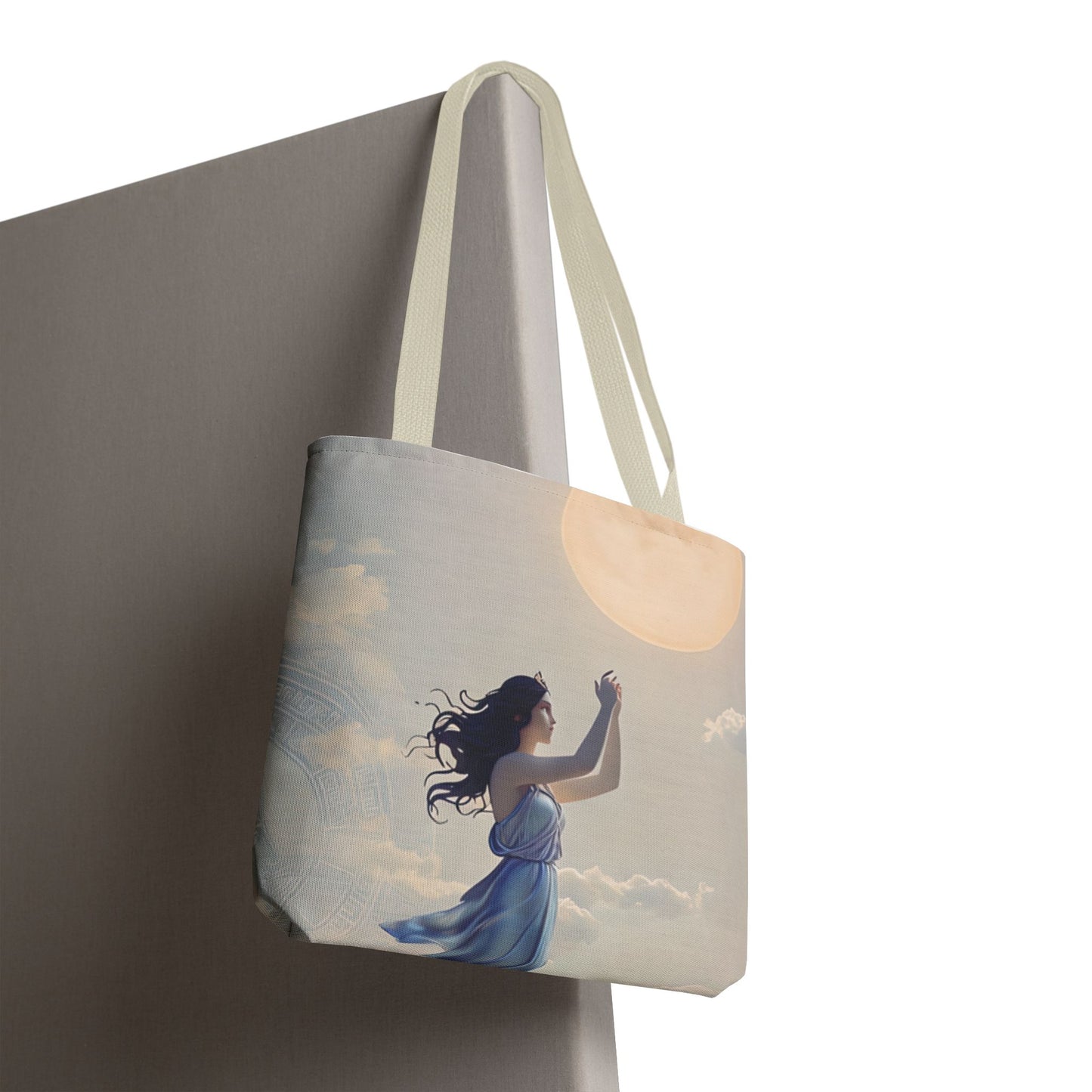 Moonlit Ascend Tote Bag (16x16 & 18x18)- Dreamy Nighttime Silhouette on Beige Canvas, Reusable & Eco-Friendly