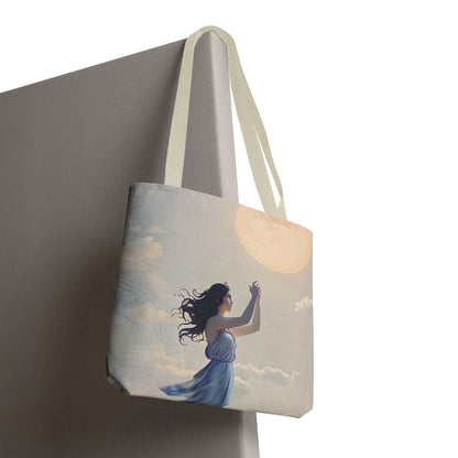 Moonlit Ascend Tote Bag (16x16 & 18x18)- Dreamy Nighttime Silhouette on Beige Canvas, Reusable & Eco-Friendly