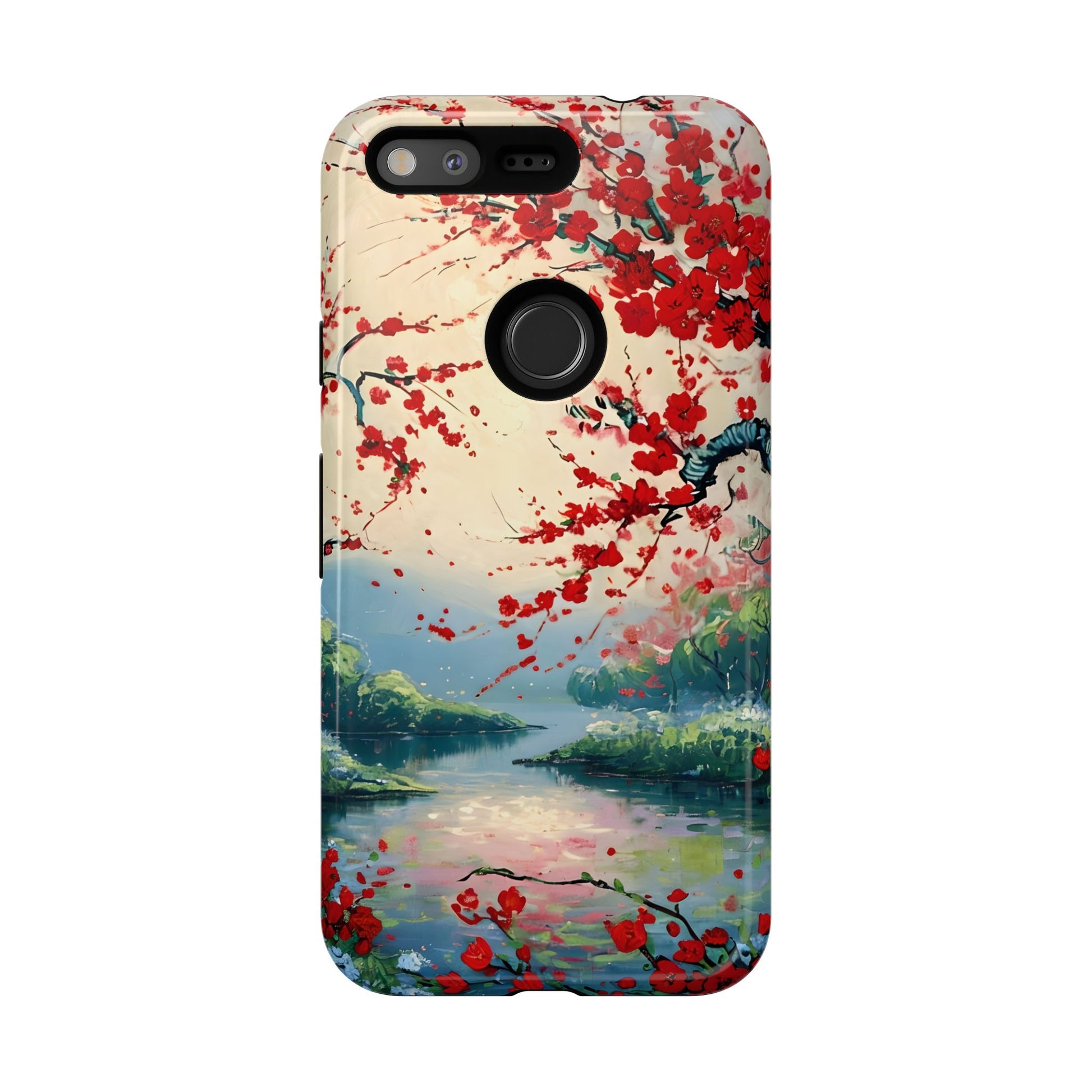 Crimson Blossom Lake - Artistic Floral Landscape Google Pixel Tough Phone Case - Red Cherry Blossoms & Serene Lake Design
