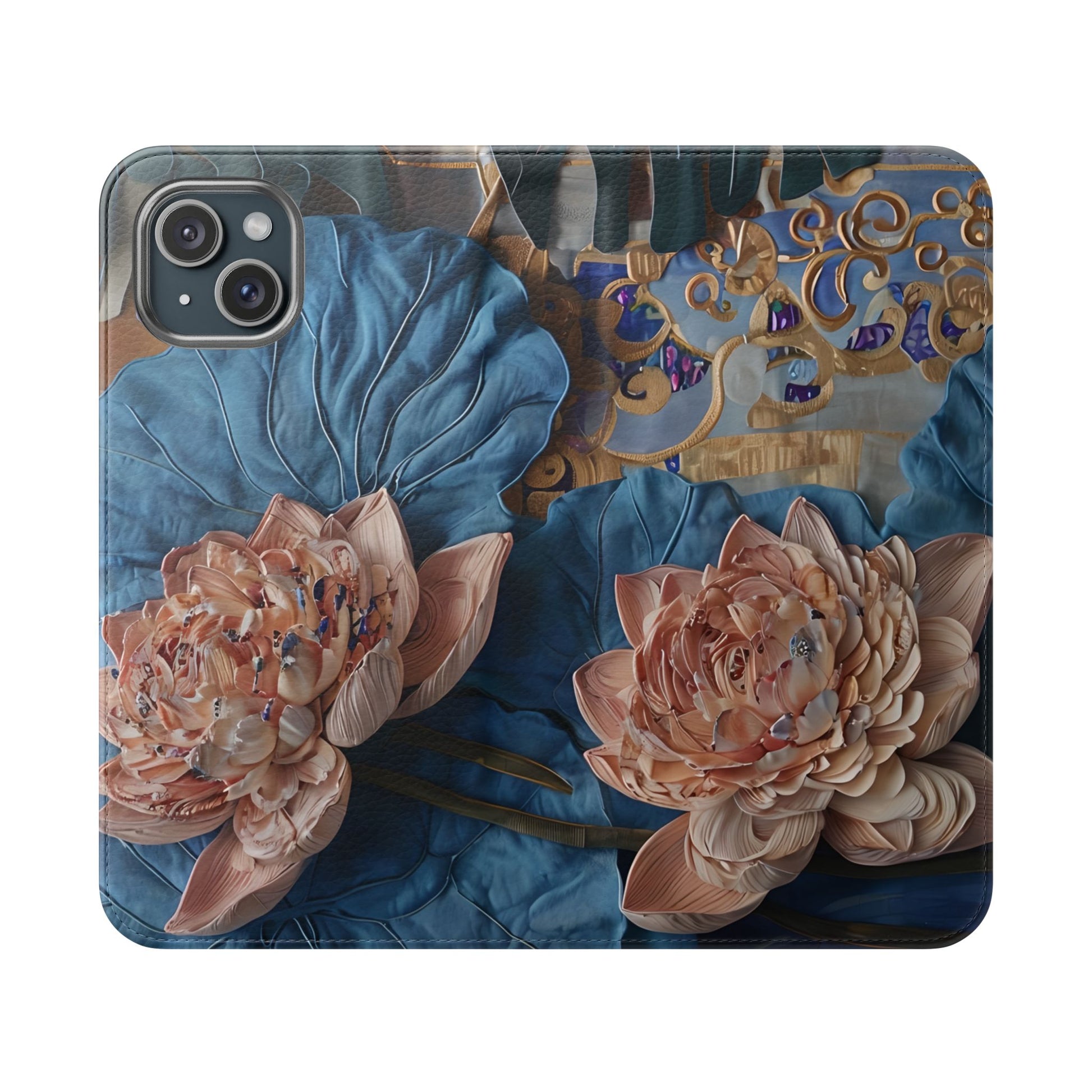 Peony Midnight Tapestry Wallet Phone Case - Flip Cover for iPhone 15 Plus - Floral and Tapestry Design