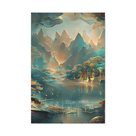 Misty Horizon wall art canvas featuring a tranquil mountain landscape with misty peaks reflected in a serene lake