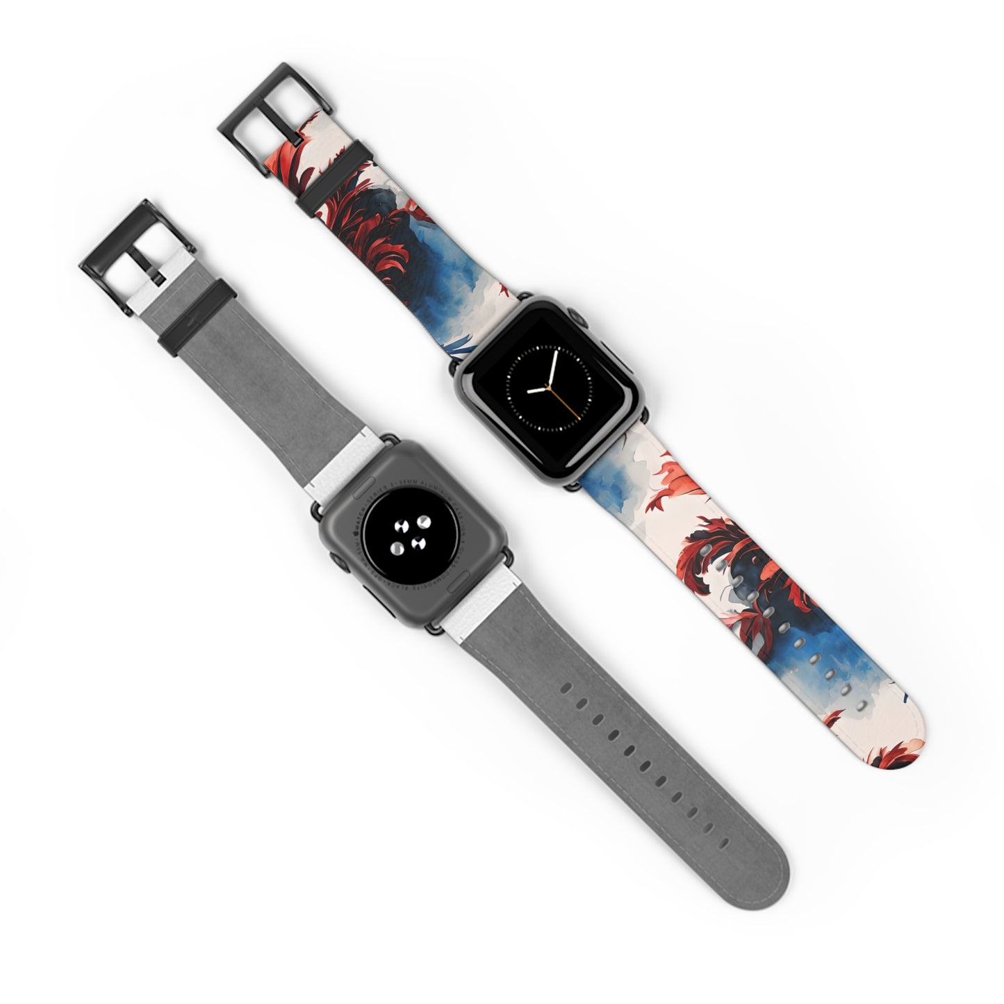 Crimson Plume Apple Watch bands shown on two watches front and back highlighting patriotic feather artwork