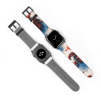 Crimson Plume Apple Watch bands shown on two watches front and back highlighting patriotic feather artwork