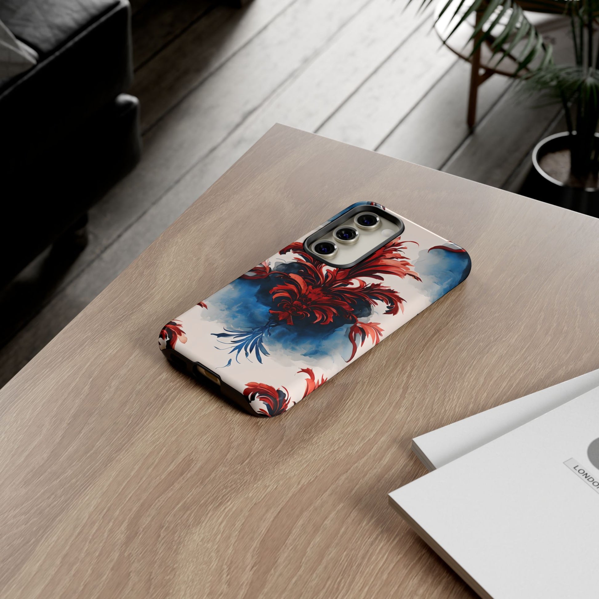 Crimson Plume - Bold Artistic Feather Samsung Galaxy S23 Tough Phone Case - Dramatic Red & Blue Design