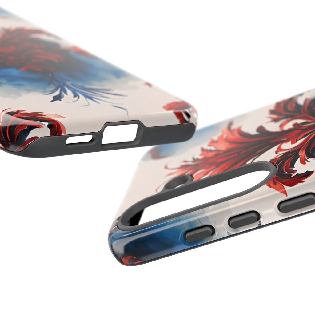 Crimson Plume - Bold Artistic Feather Samsung Galaxy S25 Plus Tough Phone Case - Dramatic Red & Blue Design