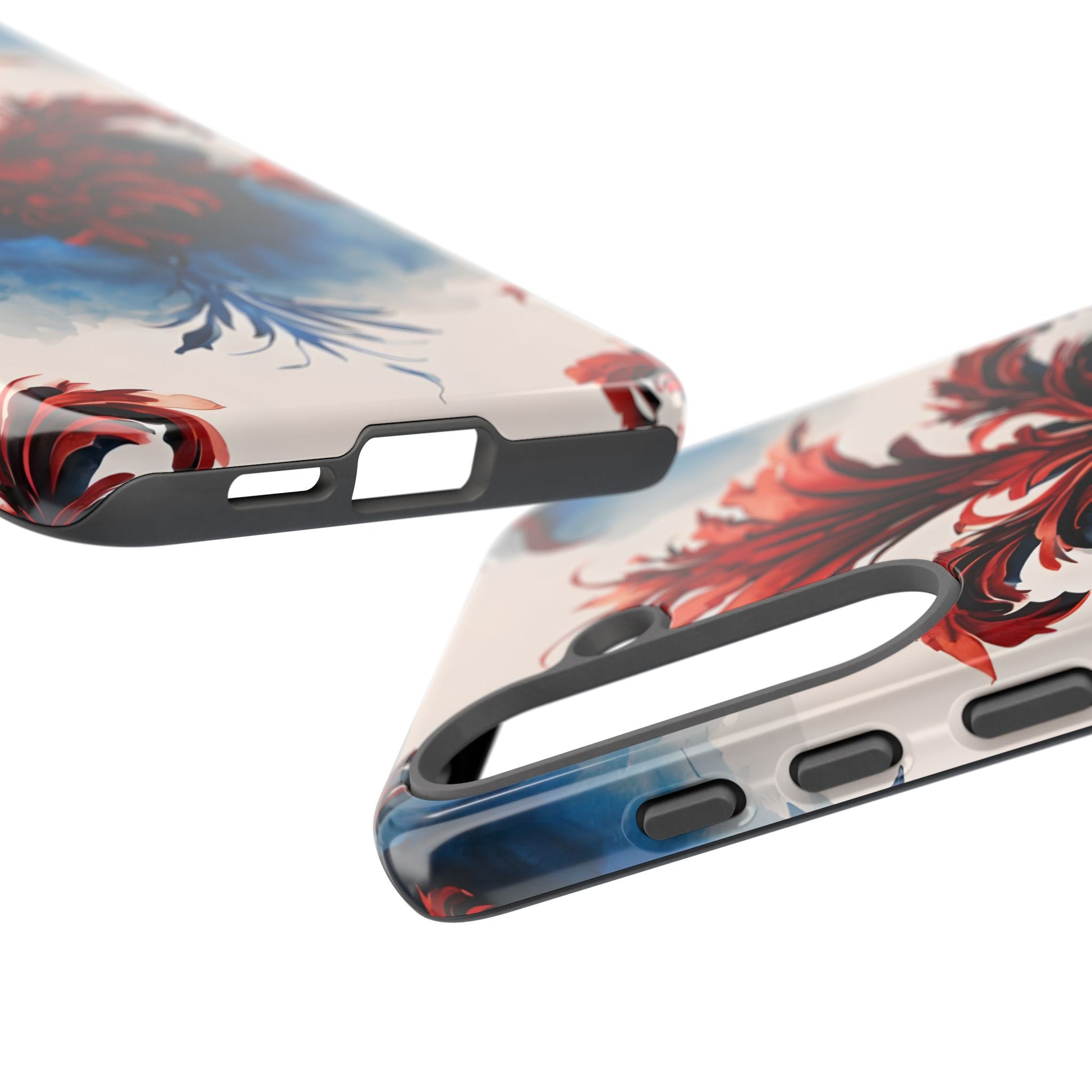 Crimson Plume - Bold Artistic Feather Samsung Galaxy S25 Plus Tough Phone Case - Dramatic Red & Blue Design