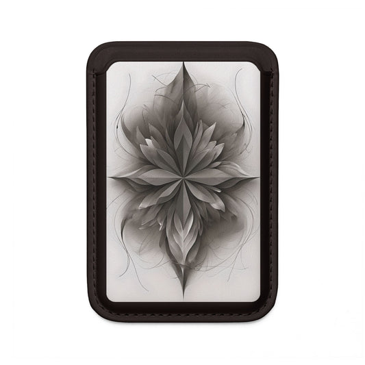 Silver Lotus MagSafe card holder with silver lotus flower design on black magnetic wallet.