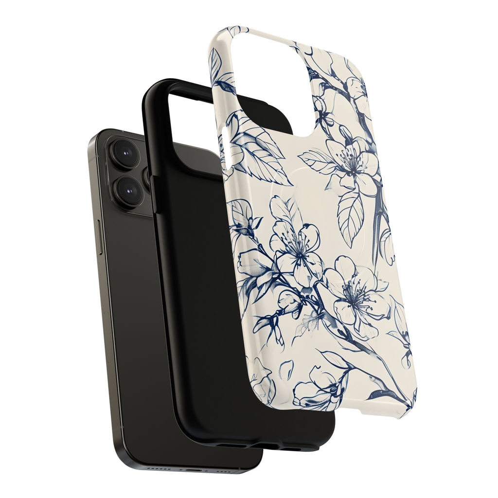 Blossom Sketch - Artistic Blue Floral - iPhone 14 Pro Max MagSafe Phone Case - Hand-Drawn Botanical Design