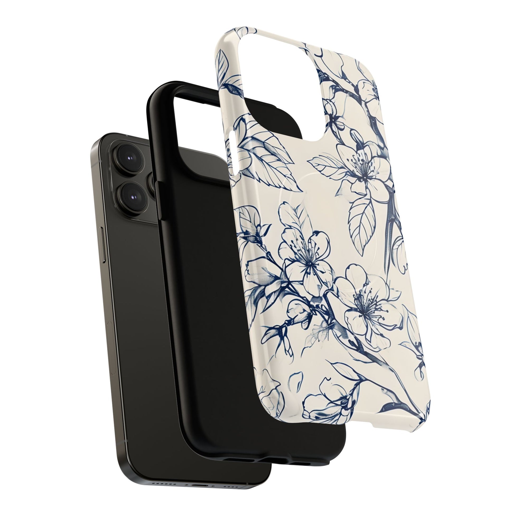 Blossom Sketch - Artistic Blue Floral - iPhone 14 Pro Max MagSafe Phone Case - Hand-Drawn Botanical Design