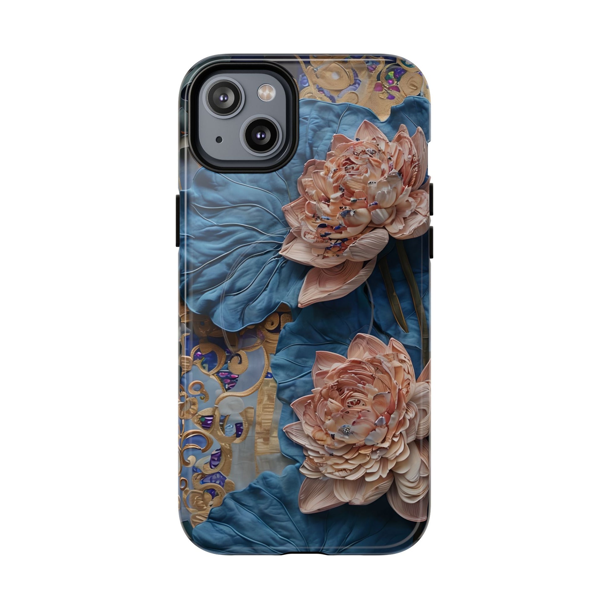 Peony Midnight Tapestry - iPhone 14 Plus - MagSafe Compatible - Elegant Blue & Blush Artful Phone Cover