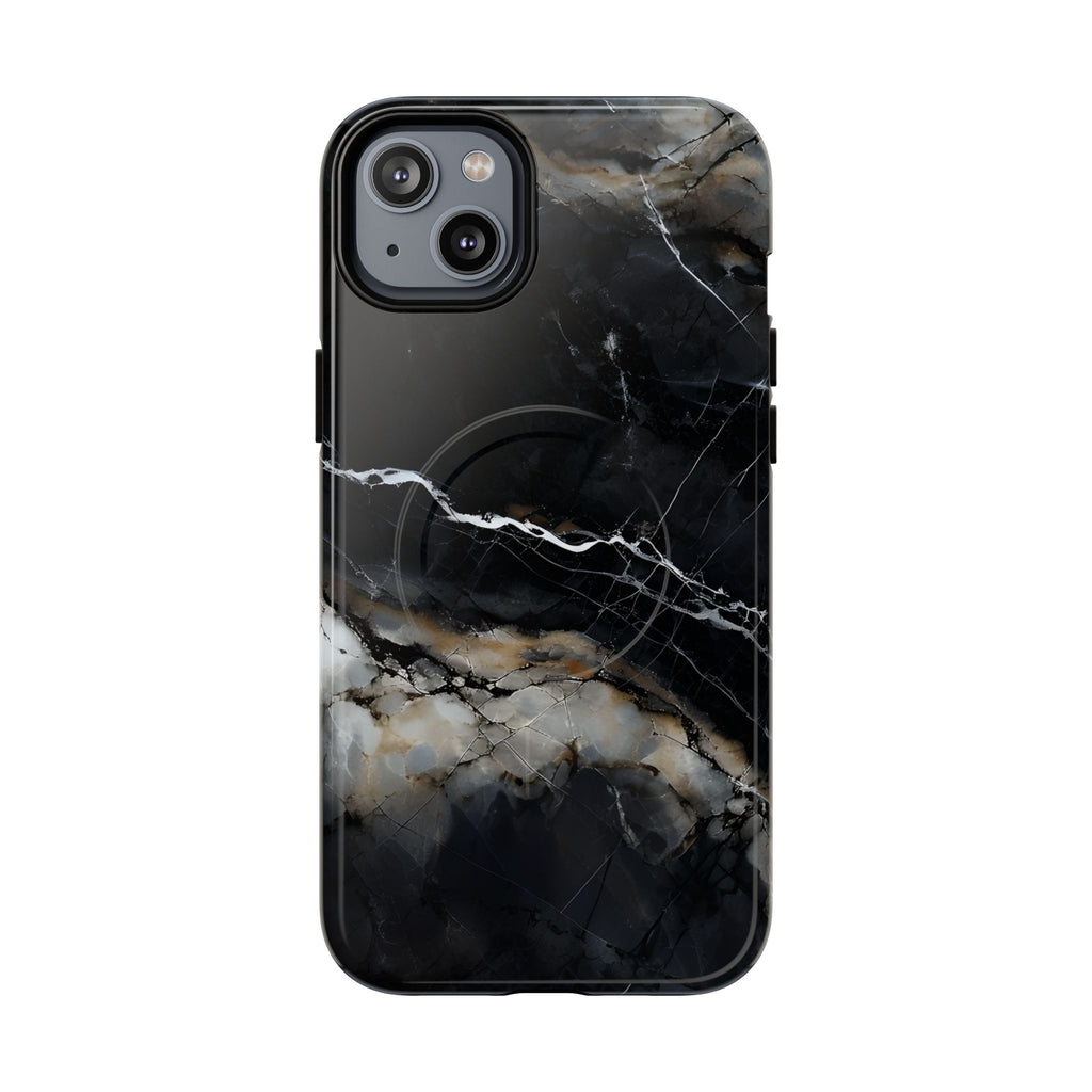 Obsidian Vein iPhone 14 Plus MagSafe Phone Case -Black Neutral Marble Design