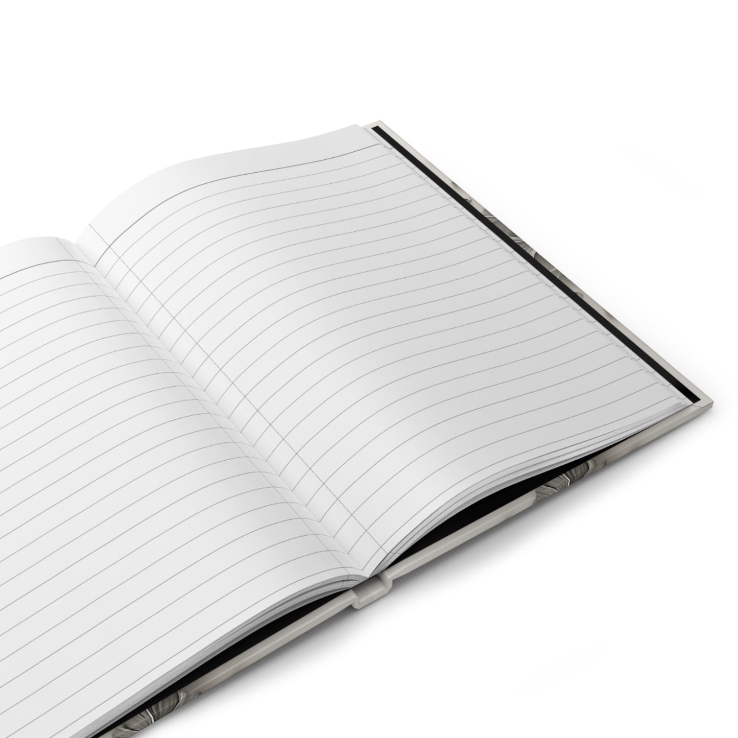 Open hardcover journal showing lined writing pages inside Obsidian Bloom notebook