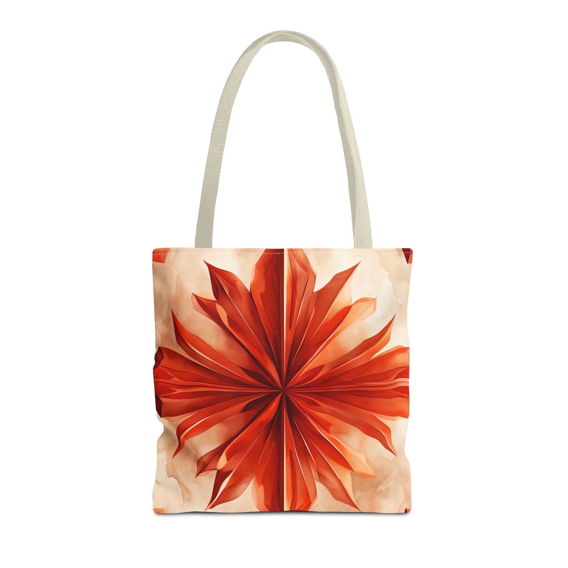 Sunset Fleur canvas tote bag featuring vibrant orange floral design with light beige handles