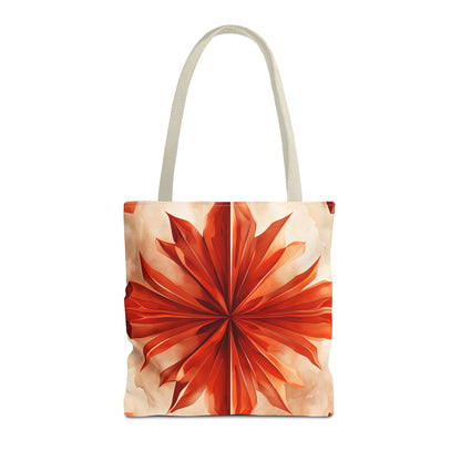 Sunset Fleur canvas tote bag featuring vibrant orange floral design with light beige handles