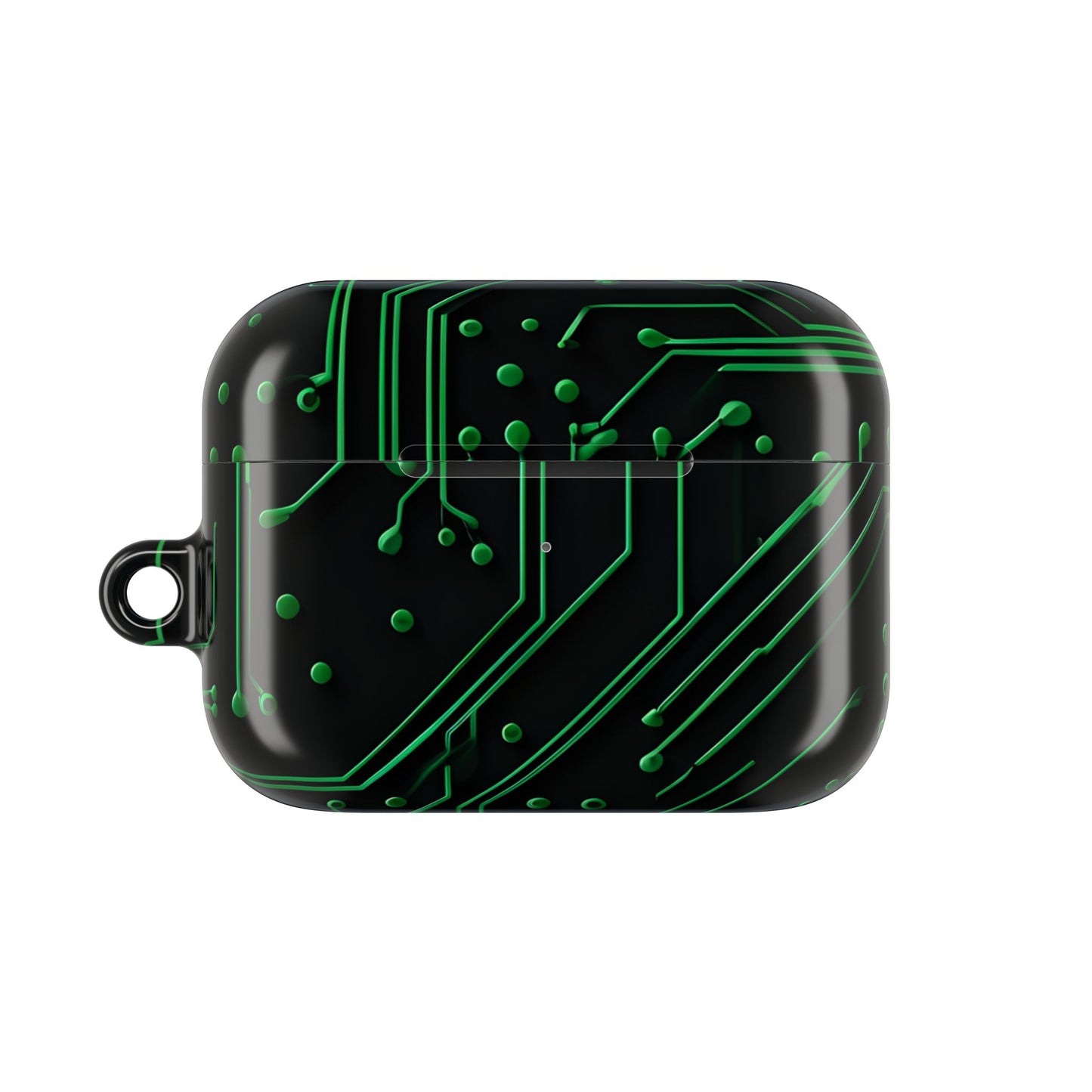 Green Circuit Grid AirPods case featuring glowing green circuit board pattern on black background