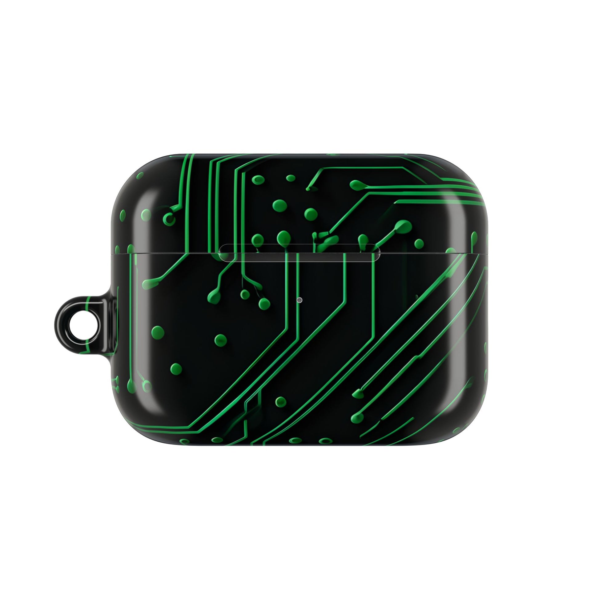 Green Circuit Grid AirPods case featuring glowing green circuit board pattern on black background