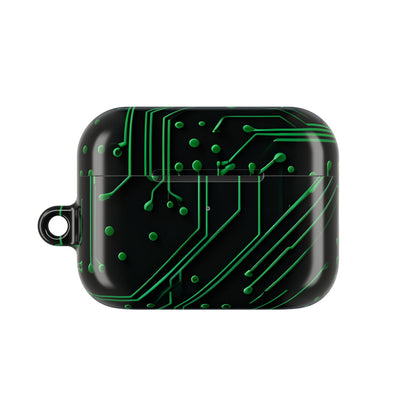Green Circuit Grid AirPods case featuring glowing green circuit board pattern on black background