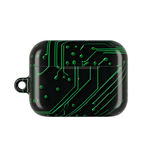 Green Circuit Grid AirPods case featuring glowing green circuit board pattern on black background