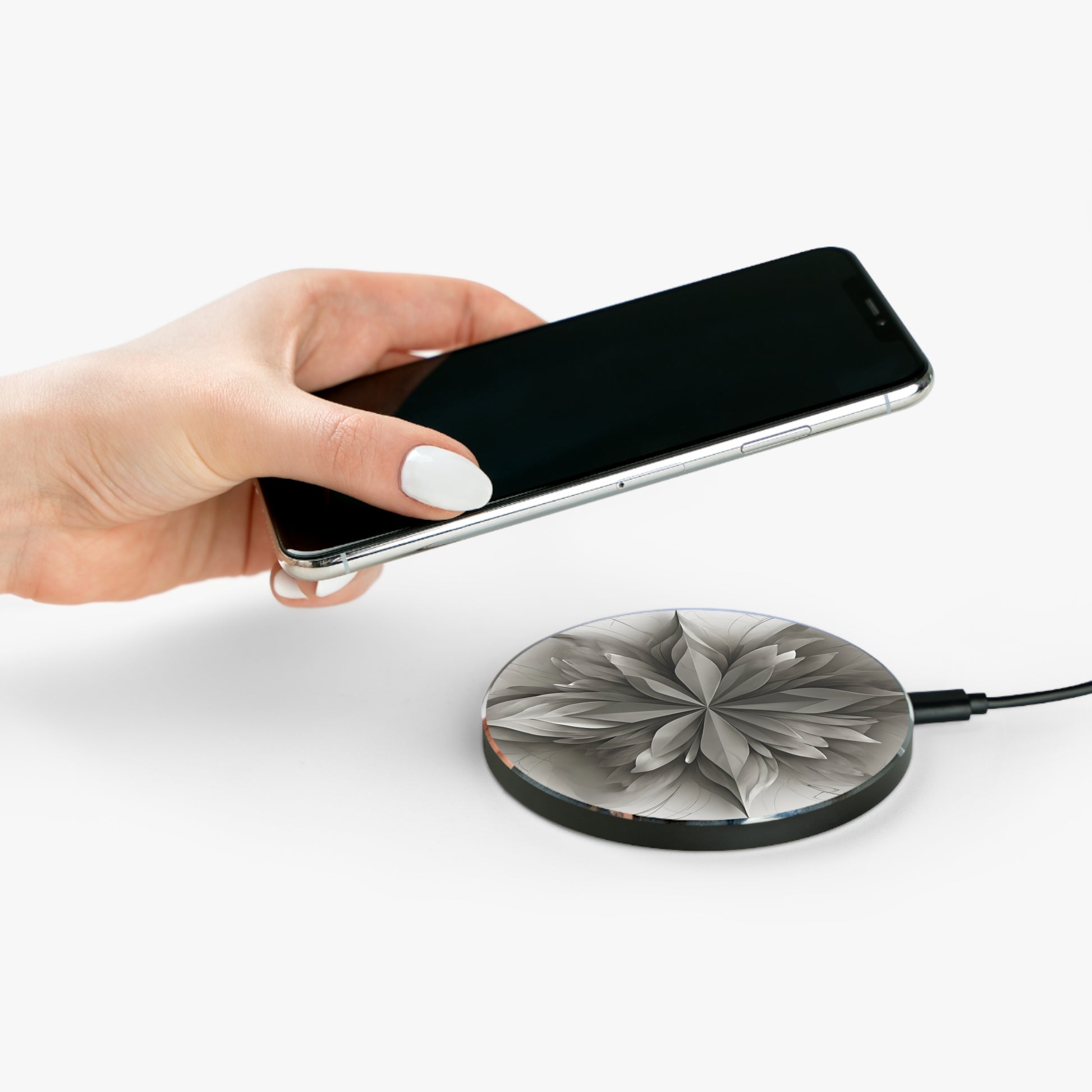 Silver Lotus Qi Wireless Charger - 10W Fast Charging Pad - MagSafe Compatible Designer Phone Charger
