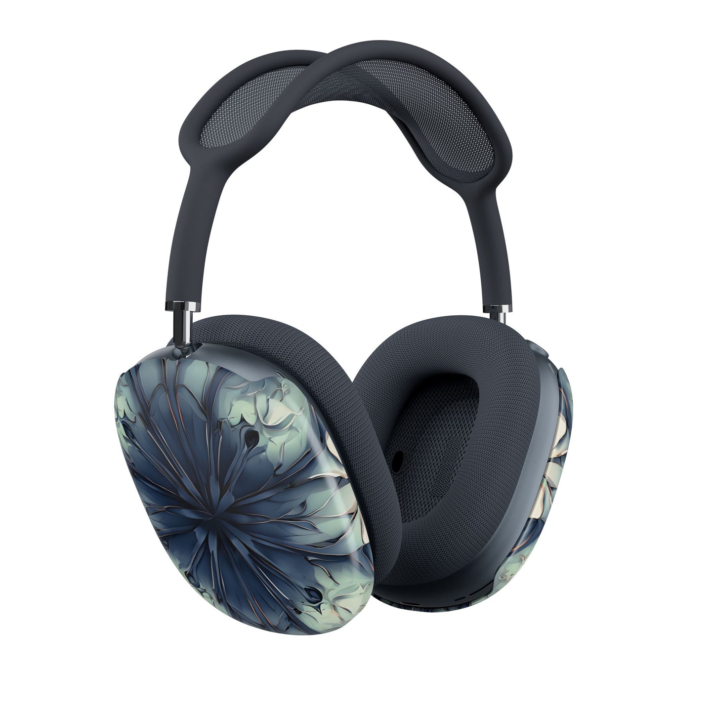 Indigo Mosaic AirPods Max cover set on Apple headphones, elegant dark blue abstract bloom design for Apple AirPods Max, angled side view