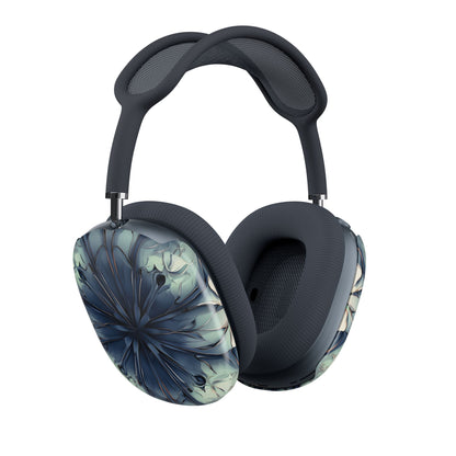 Indigo Mosaic AirPods Max cover set on Apple headphones, elegant dark blue abstract bloom design for Apple AirPods Max, angled side view