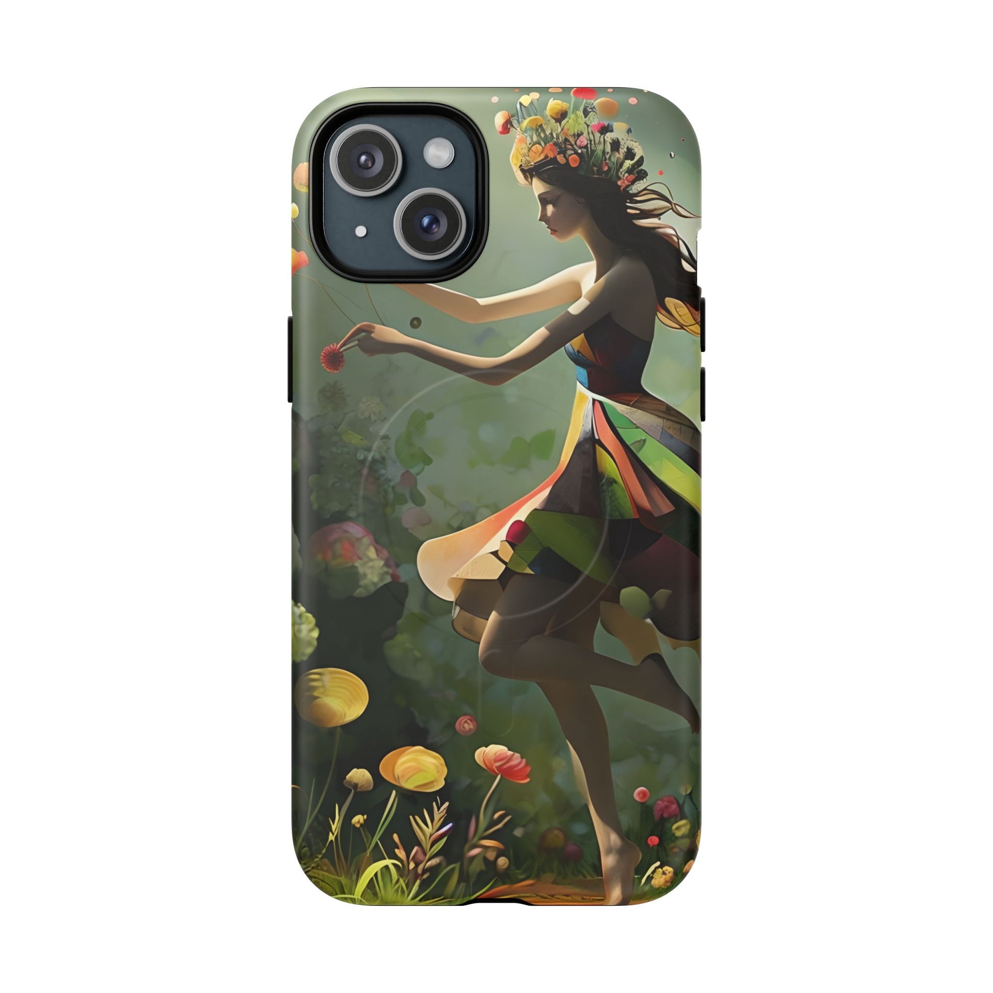Dancing Wildflower Muse iPhone 15 Plus - Artistic Floral Fantasy Cover - MagSafe Compatible - Whimsical Nature-Inspired Protective Accessory