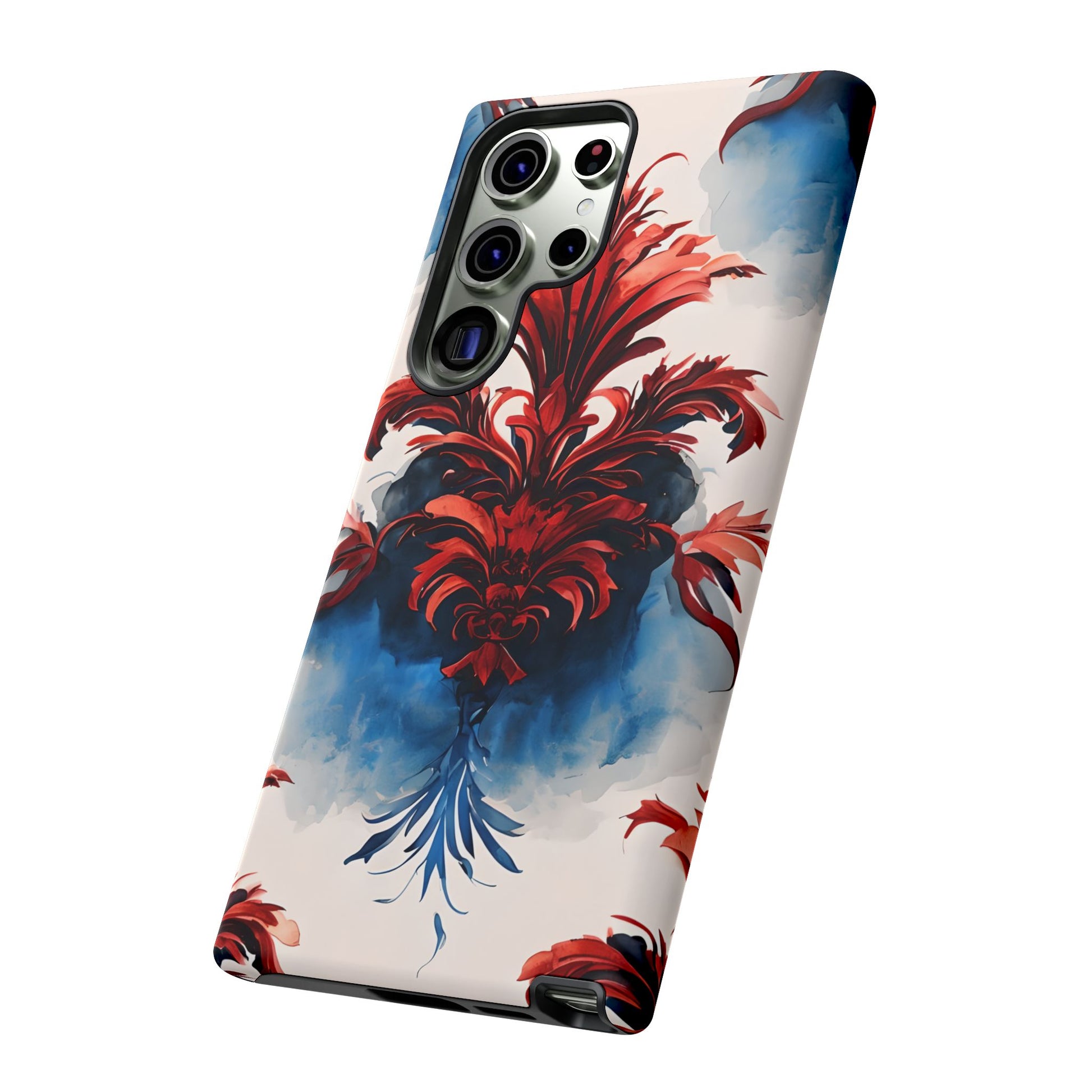 Crimson Plume - Bold Artistic Feather Samsung Galaxy S23 Ultra Tough Phone Case - Dramatic Red & Blue Design