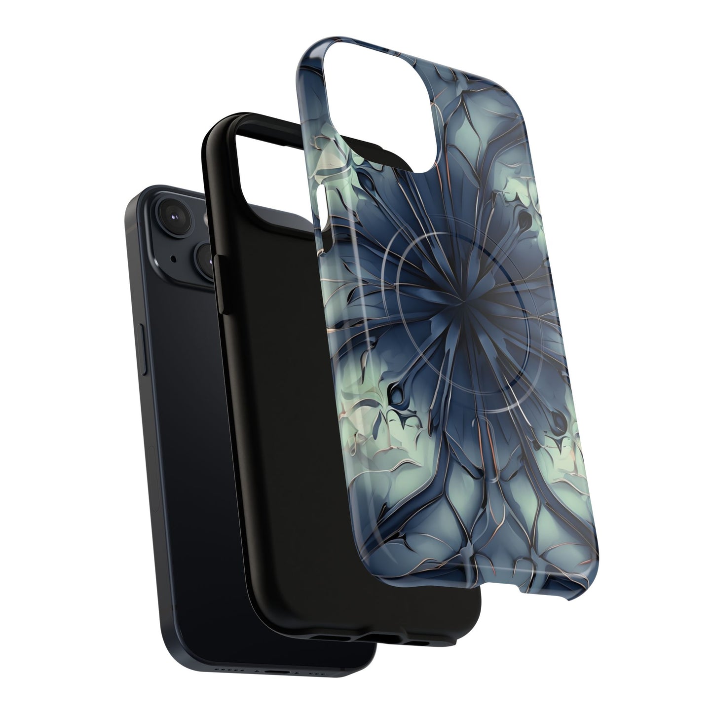 Dual-layer Indigo Mosaic iPhone MagSafe case showing shock absorbing protection