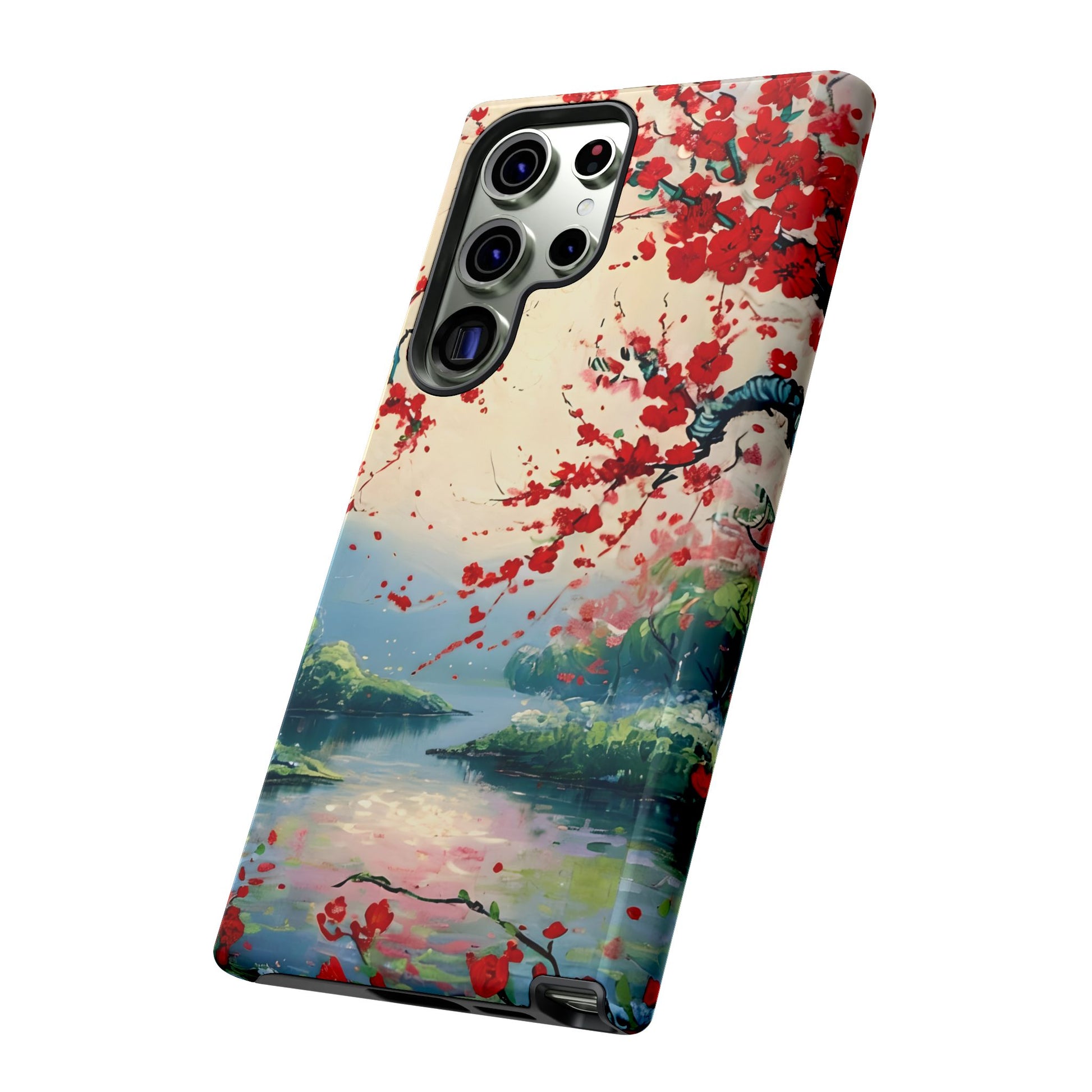 Crimson Blossom Lake - Artistic Floral Landscape Samsung Galaxy S23 Ultra Tough Phone Case - Red Cherry Blossoms & Serene Lake Design