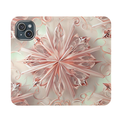 Blush Frost geometric floral iPhone wallet flip phone case with soft pink pattern