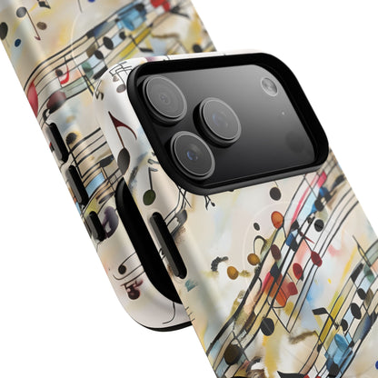 Angled view of Melodic Flow iPhone MagSafe protective phone case with large camera cut outs