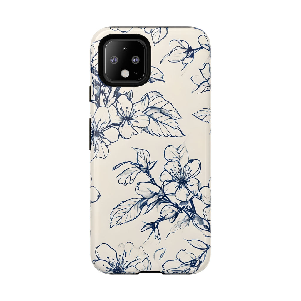 Blossom Sketch - Artistic Blue Floral Google Pixel 4 - Tough Phone Case - Hand-Drawn Botanical Design