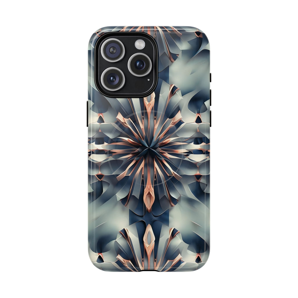 Obsidian Kaleidoscope Artistic Floral Burst - iPhone 15 Pro Max MagSafe Phone Case -Blue, Peach and Silver Symmetrical Design