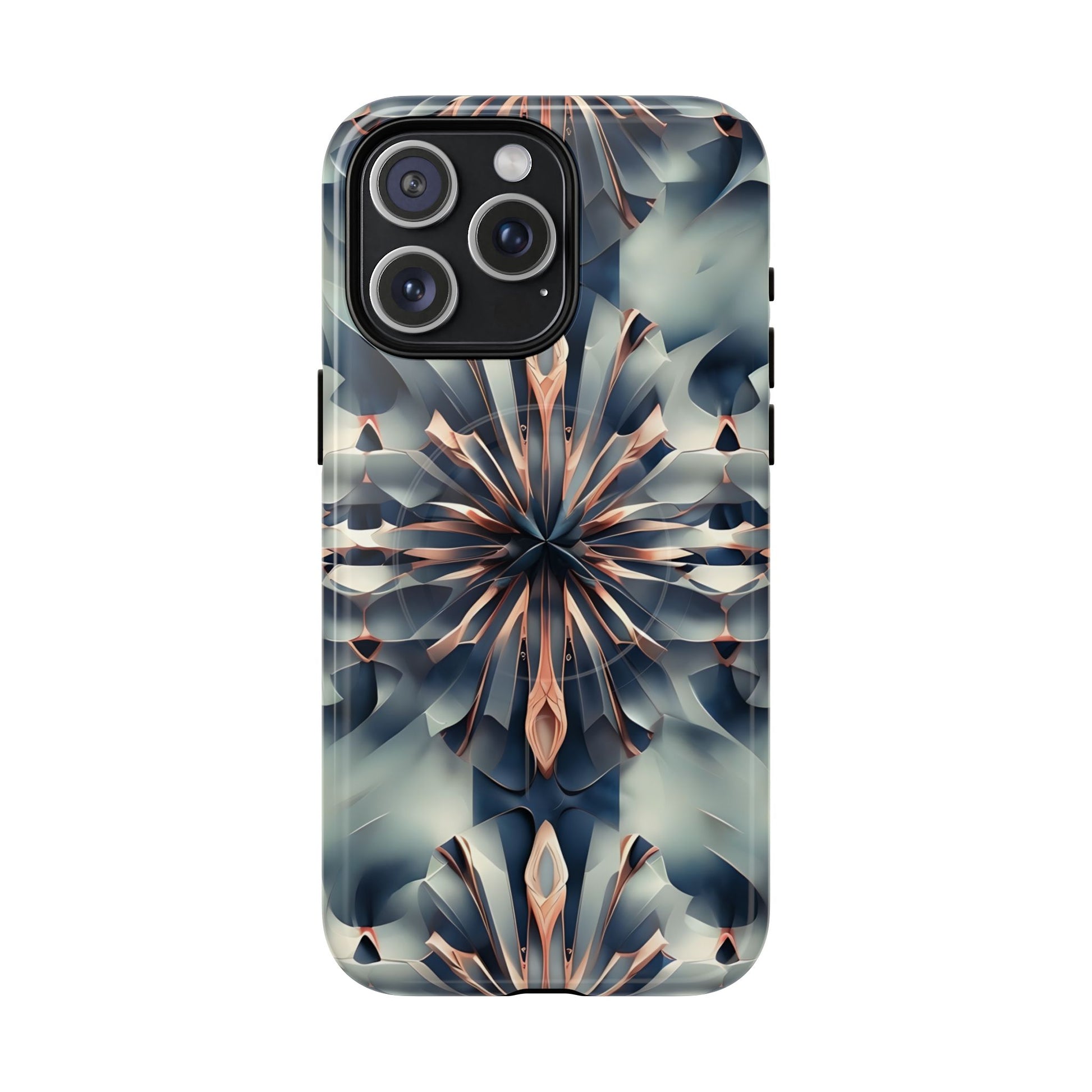 Obsidian Kaleidoscope Artistic Floral Burst - iPhone 15 Pro Max MagSafe Phone Case -Blue, Peach and Silver Symmetrical Design
