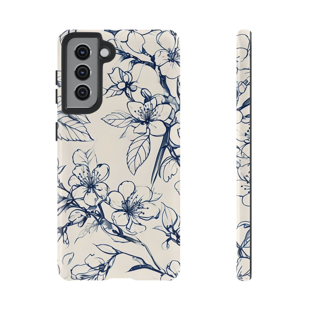 Blossom Sketch - Artistic Blue Floral Samsung Galaxy S21 Tough Phone Case - Hand-Drawn Botanical Design