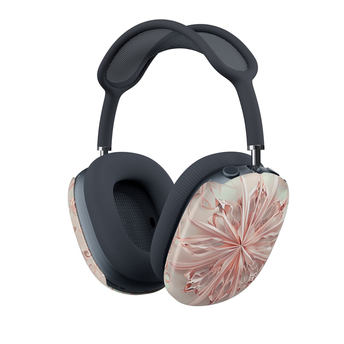 Blush Frost AirPods Max cover with soft pink flower petals radiating over pale icy background, angled view on Apple AirPods Max headphones