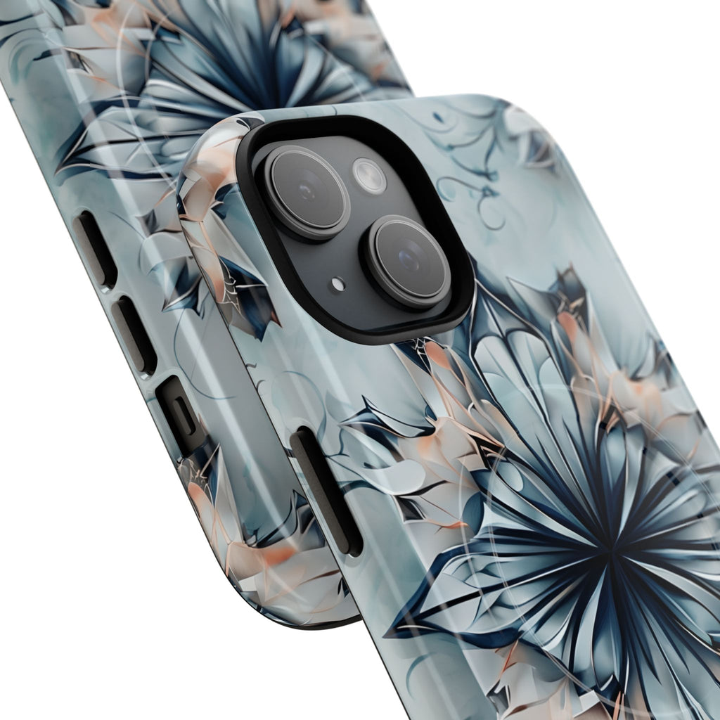 Indigo Mirage - Artistic Kaleidoscope Collection Artistic Floral - iPhone 15 MagSafe Phone Case -Bold Indigo Symmetrical Design