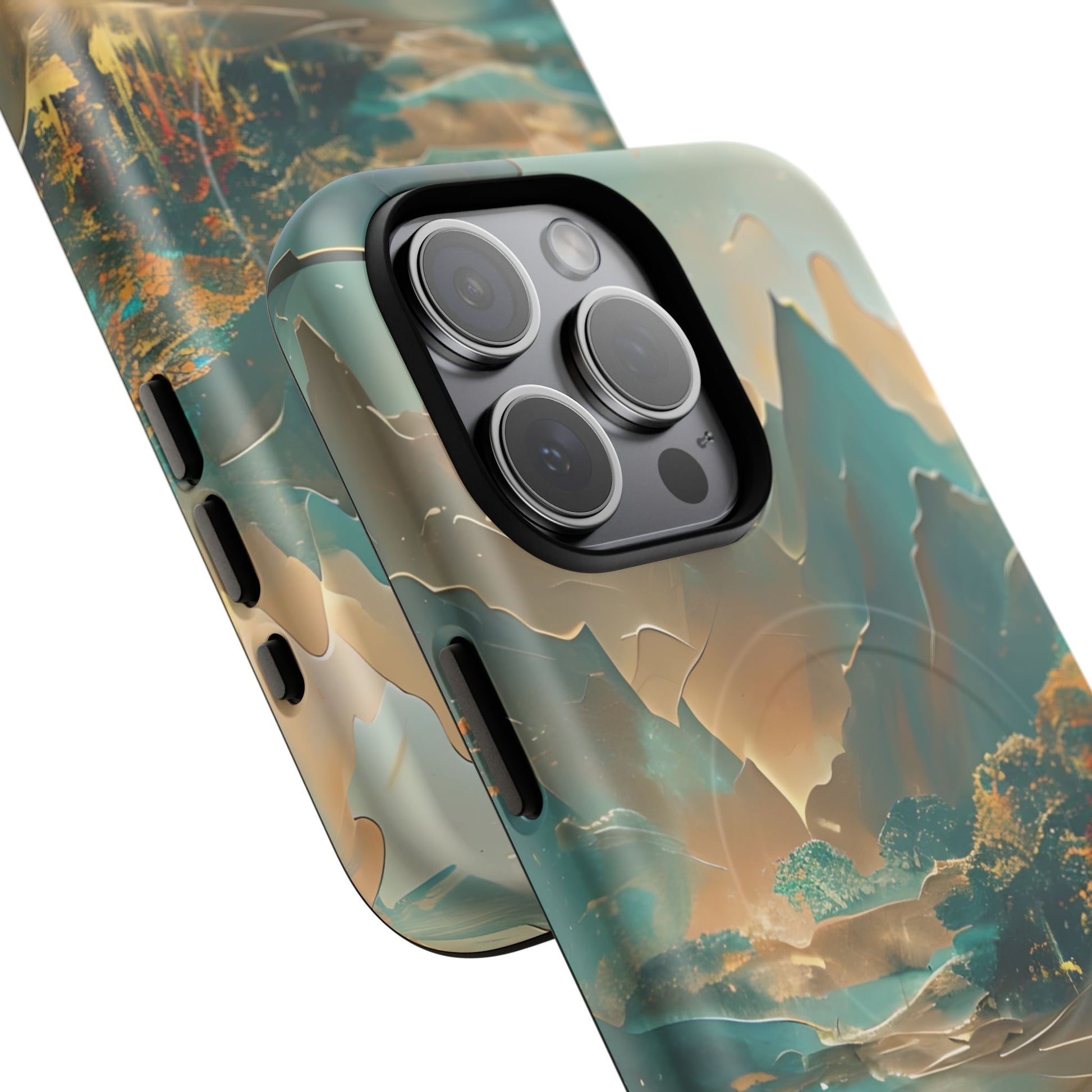 Misty Horizon - Serene Landscape Art iPhone 15 Pro Max MagSafe Phone Case - Tranquil Mountain & Lake Design