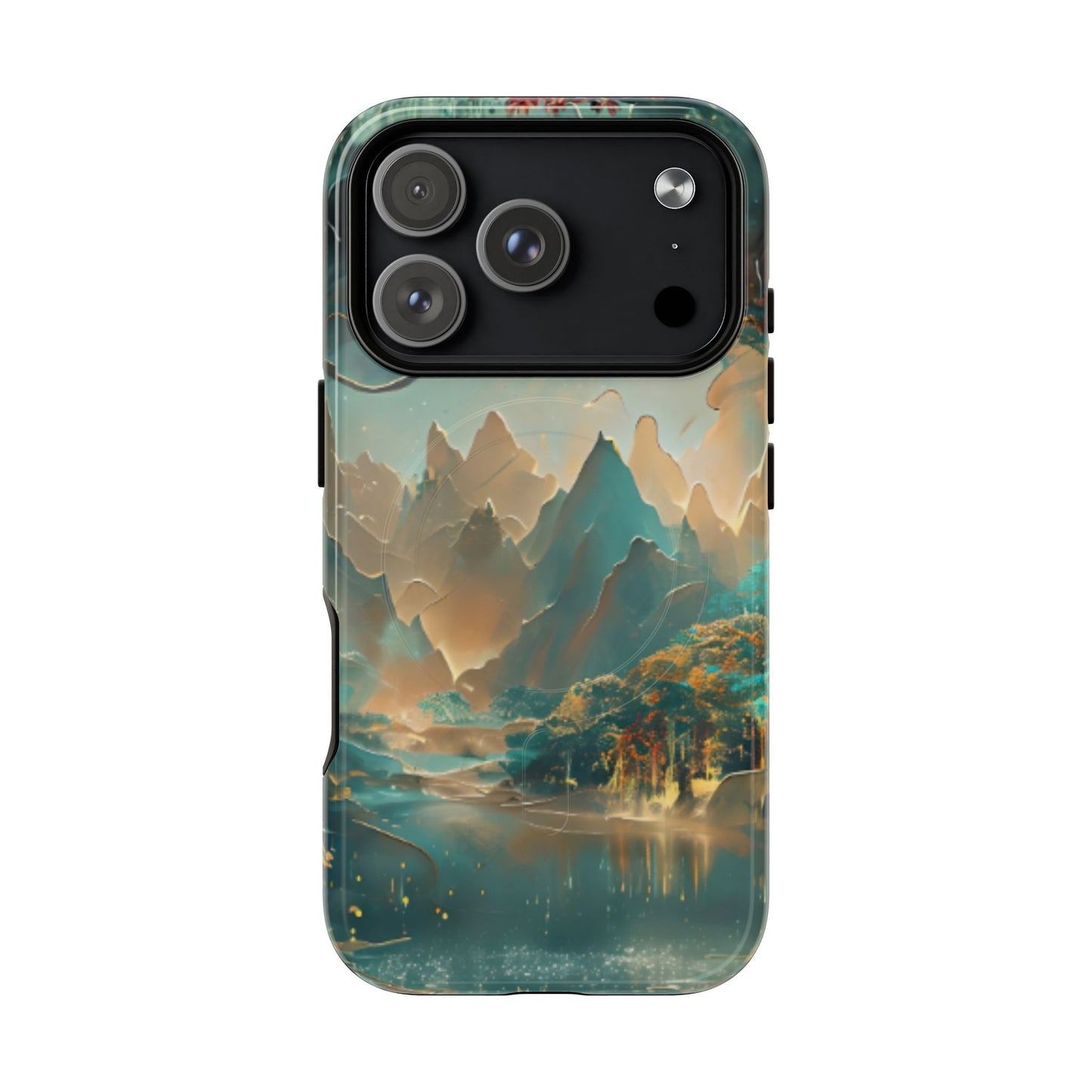 Misty Horizon mountain lake landscape iPhone MagSafe case with large camera cutout