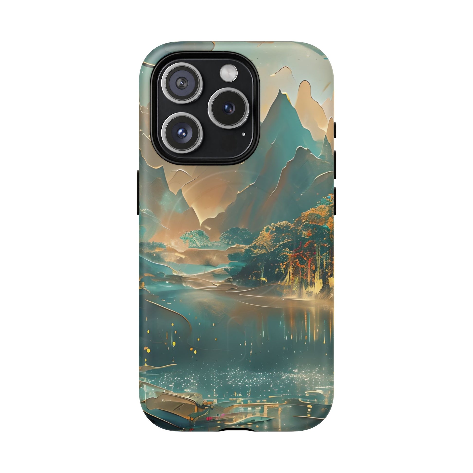 Misty Horizon - Serene Landscape Art iPhone 15 Pro MagSafe Phone Case - Tranquil Mountain & Lake Design