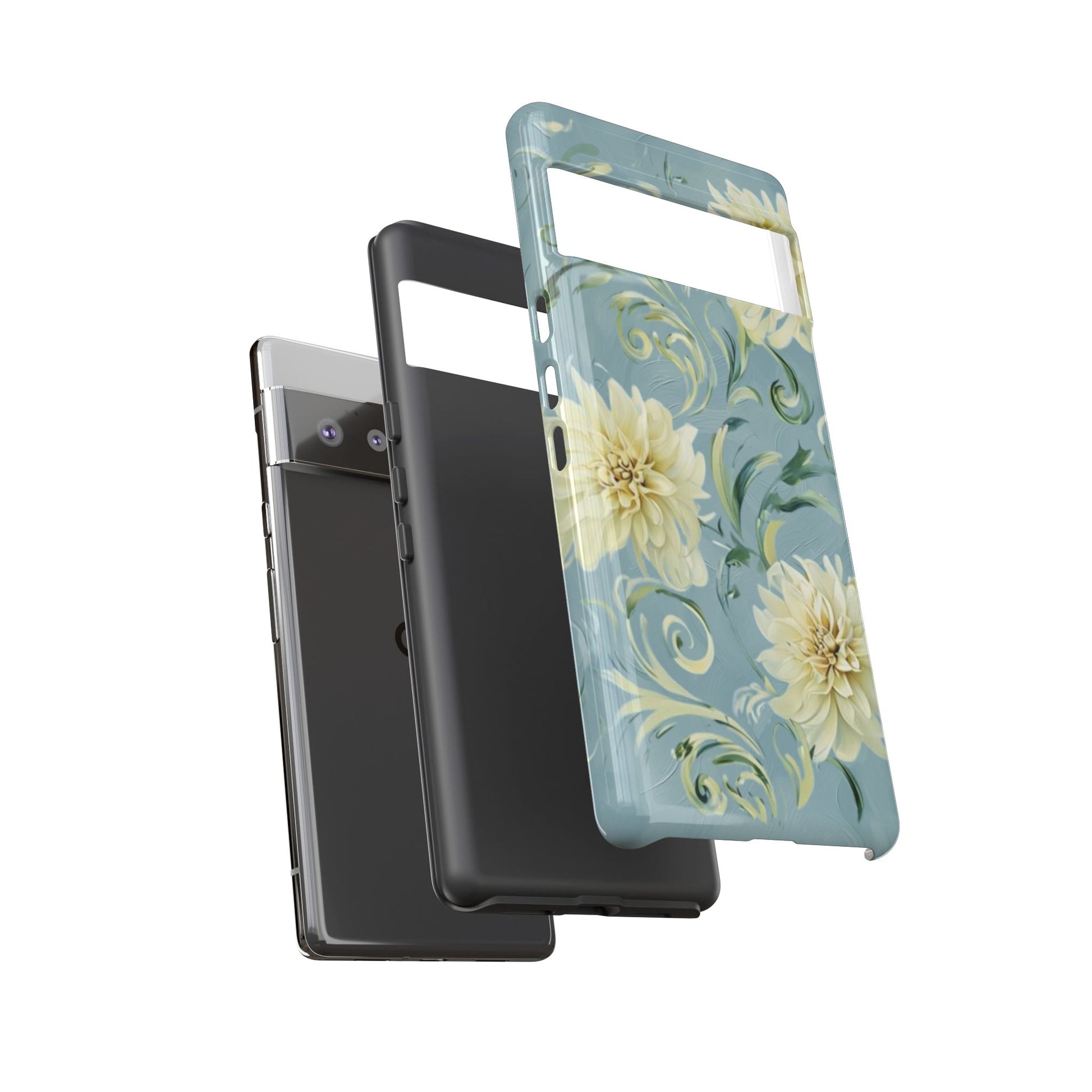 Golden Dahlia Trio - Elegant Floral Google Pixel 6 Pro Tough Phone Case - Artistic White & Blue Dahlia Design